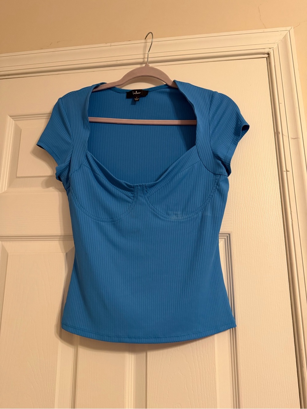 Lulu's Bright Blue Ribbed Scoop Cup Short Sleeve Top